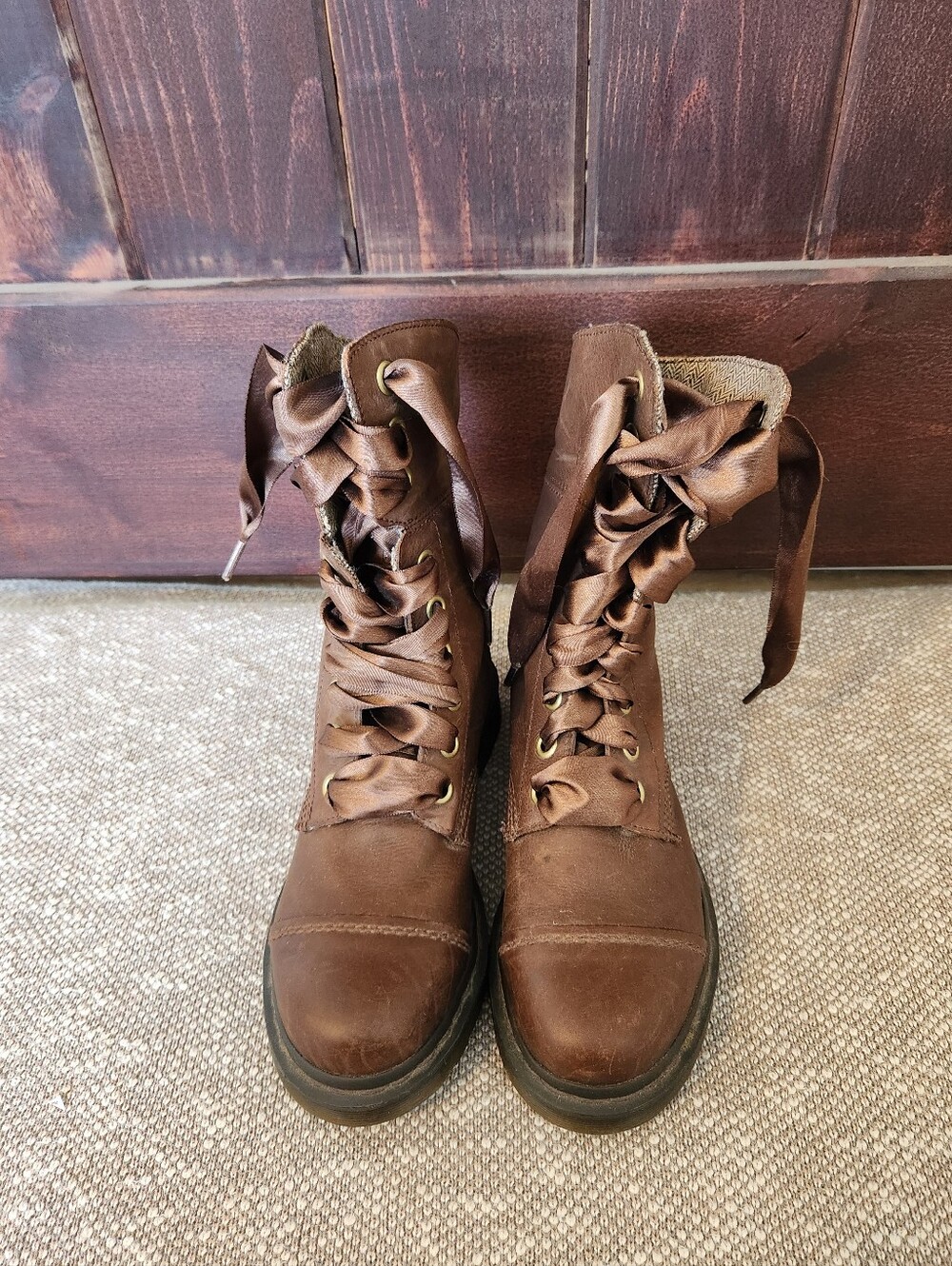 Dr Martens Aimilita W Sz 8 Brown Leather Fold Down Herringbone Tweed Lined Boots - Picture 4 of 7